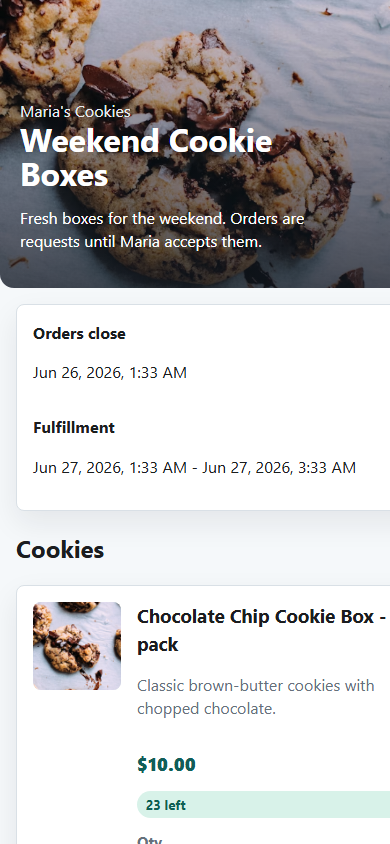 Mobile menu page showing a weekend cookie box preorder drop
